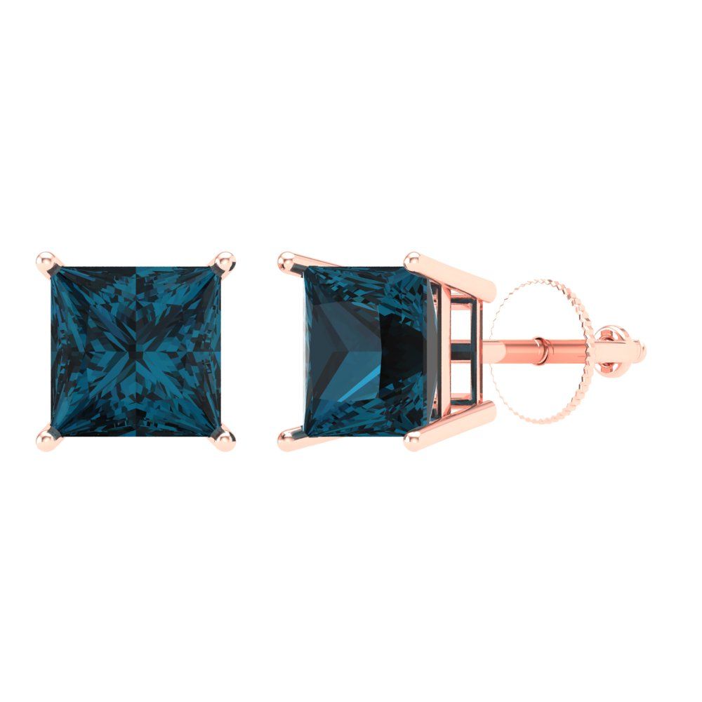4 ctw London Blue Topaz Studs Earrings | 7.0mm Princess Cut White Gold Screw back | December Birthstone