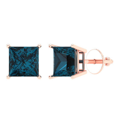 4 ctw London Blue Topaz Studs Earrings | 7.0mm Princess Cut White Gold Screw back | December Birthstone