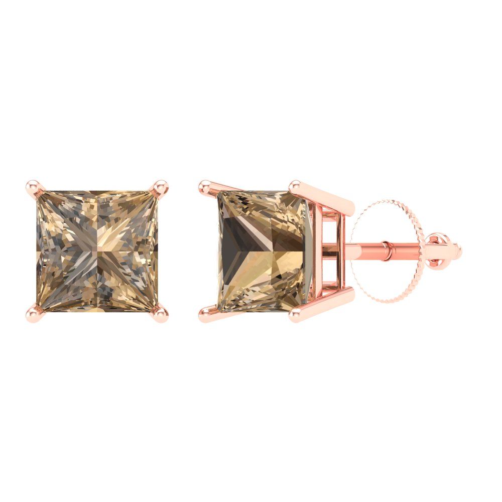 4 ctw Champagne Studs Earrings | 7.0mm Princess Cut White Gold Screw back | April Birthstone