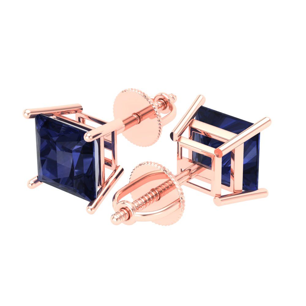 4 ctw Blue Sapphire Studs Earrings | 7.0mm Princess Cut White Gold Screw back | September Birthstone