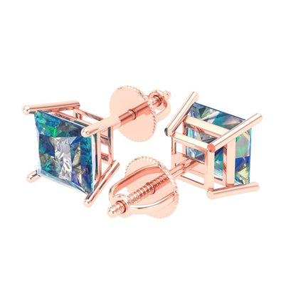 4 ctw Blue Moissanite Studs Earrings | 7.0mm Princess Cut White Gold Screw back | April Birthstone