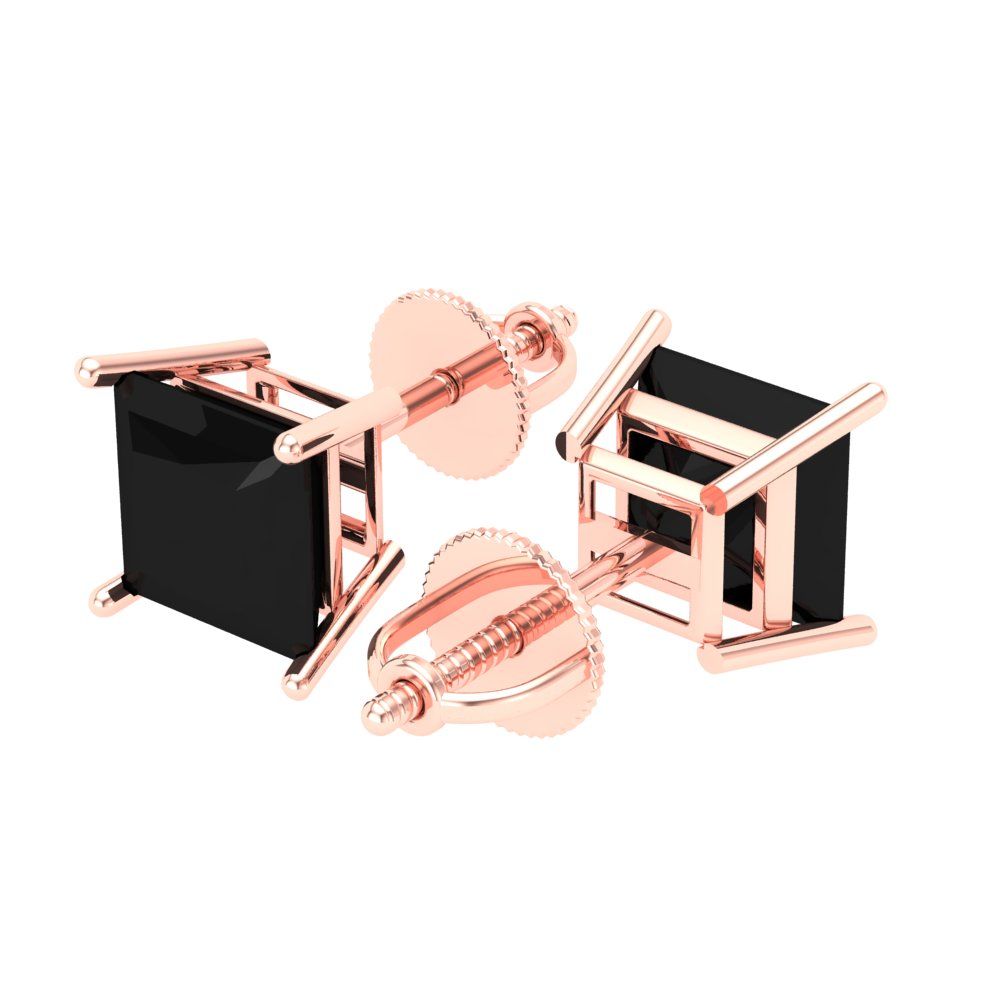 4 ctw Onyx Studs Earrings | 7.0mm Princess Cut White Gold Screw back | July Birthstone