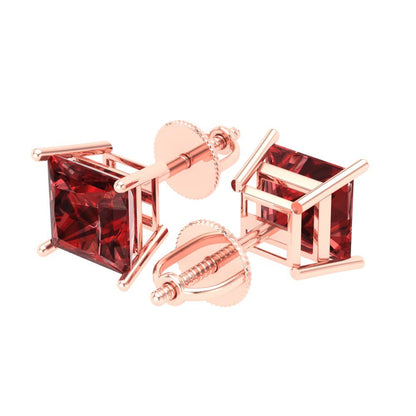 4 ctw Garnet Studs Earrings | 7.0mm Princess Cut White Gold Screw back | January Birthstone