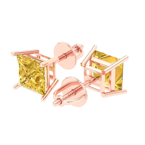 4 ct Brilliant Princess Cut Solitaire Studs Yellow Simulated Diamond Stone Rose Gold Earrings Screw back