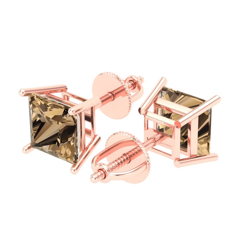 4 ctw Champagne Studs Earrings | 7.0mm Princess Cut White Gold Screw back | April Birthstone