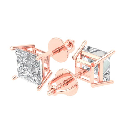 4 ctw Moissanite Studs Earrings | 7.0mm Princess Cut White Gold Screw back | April Birthstone