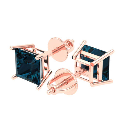 4 ctw London Blue Topaz Studs Earrings | 7.0mm Princess Cut White Gold Screw back | December Birthstone