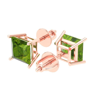 4 ctw Peridot Studs Earrings | 7.0mm Princess Cut White Gold Screw back | August Birthstone