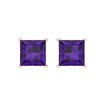 4 ctw Amethyst Studs Earrings | 7.0mm Princess Cut White Gold Screw back | February Birthstone