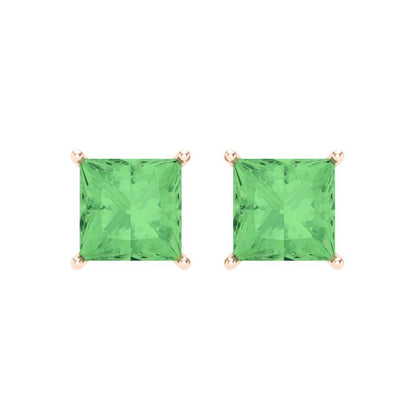 4 ctw Green Zirconia Studs Earrings | 7.0mm Princess Cut White Gold Screw back | April Birthstone