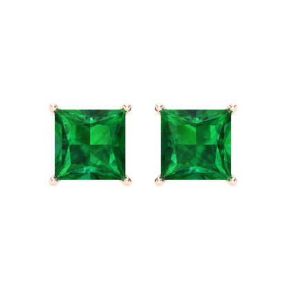 4 ctw Emerald Studs Earrings | 7.0mm Princess Cut White Gold Screw back | May Birthstone