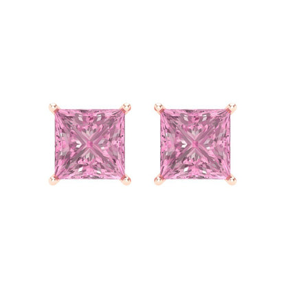 4 ctw Pink Zirconia Studs Earrings | 7.0mm Princess Cut White Gold Screw back | April Birthstone