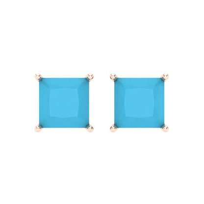 4 ctw Turquoise Studs Earrings | 7.0mm Princess Cut White Gold Screw back | December Birthstone