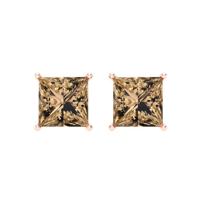 4 ctw Champagne Studs Earrings | 7.0mm Princess Cut White Gold Screw back | April Birthstone