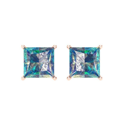 4 ctw Blue Moissanite Studs Earrings | 7.0mm Princess Cut White Gold Screw back | April Birthstone