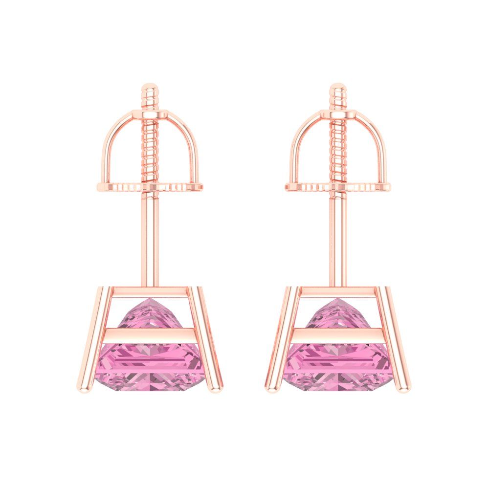 4 ctw Pink Zirconia Studs Earrings | 7.0mm Princess Cut White Gold Screw back | April Birthstone