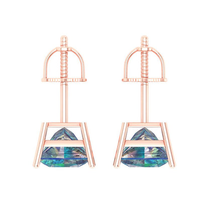 4 ctw Blue Moissanite Studs Earrings | 7.0mm Princess Cut White Gold Screw back | April Birthstone