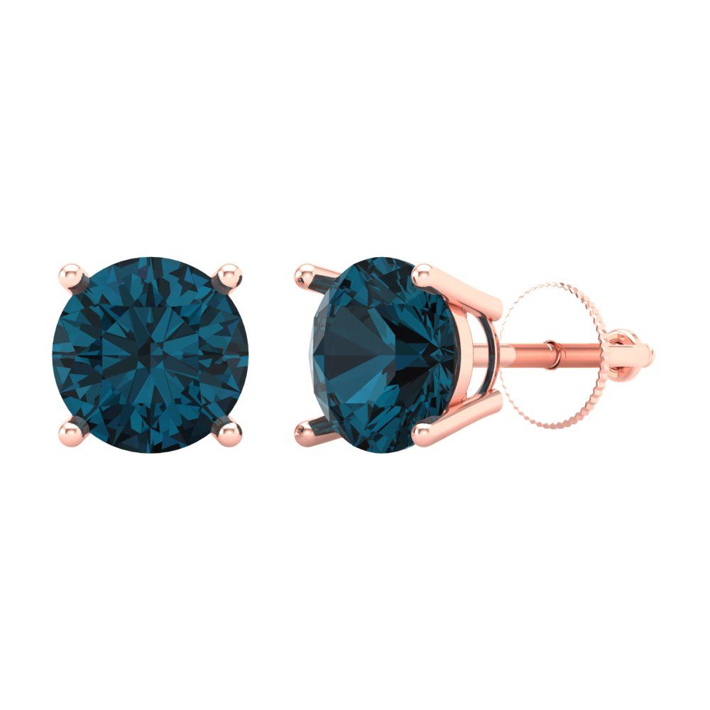 3 ctw London Blue Topaz Studs Earrings | 7.5mm Round Cut White Gold Screw back | December Birthstone