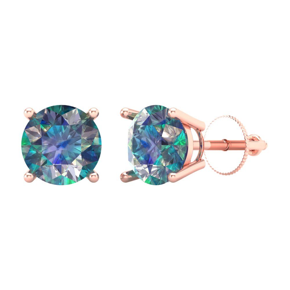 3 ctw Blue Moissanite Studs Earrings | 7.5mm Round Cut White Gold Screw back | April Birthstone