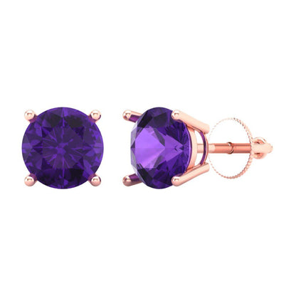 3 ctw Amethyst Studs Earrings | 7.5mm Round Cut White Gold Screw back | February Birthstone