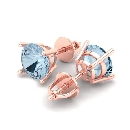 3 ctw Aquamarine Studs Earrings | 7.5mm Round Cut White Gold Screw back | March Birthstone