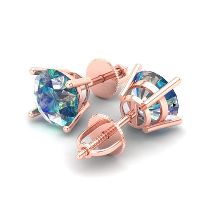 3 ctw Blue Moissanite Studs Earrings | 7.5mm Round Cut White Gold Screw back | April Birthstone