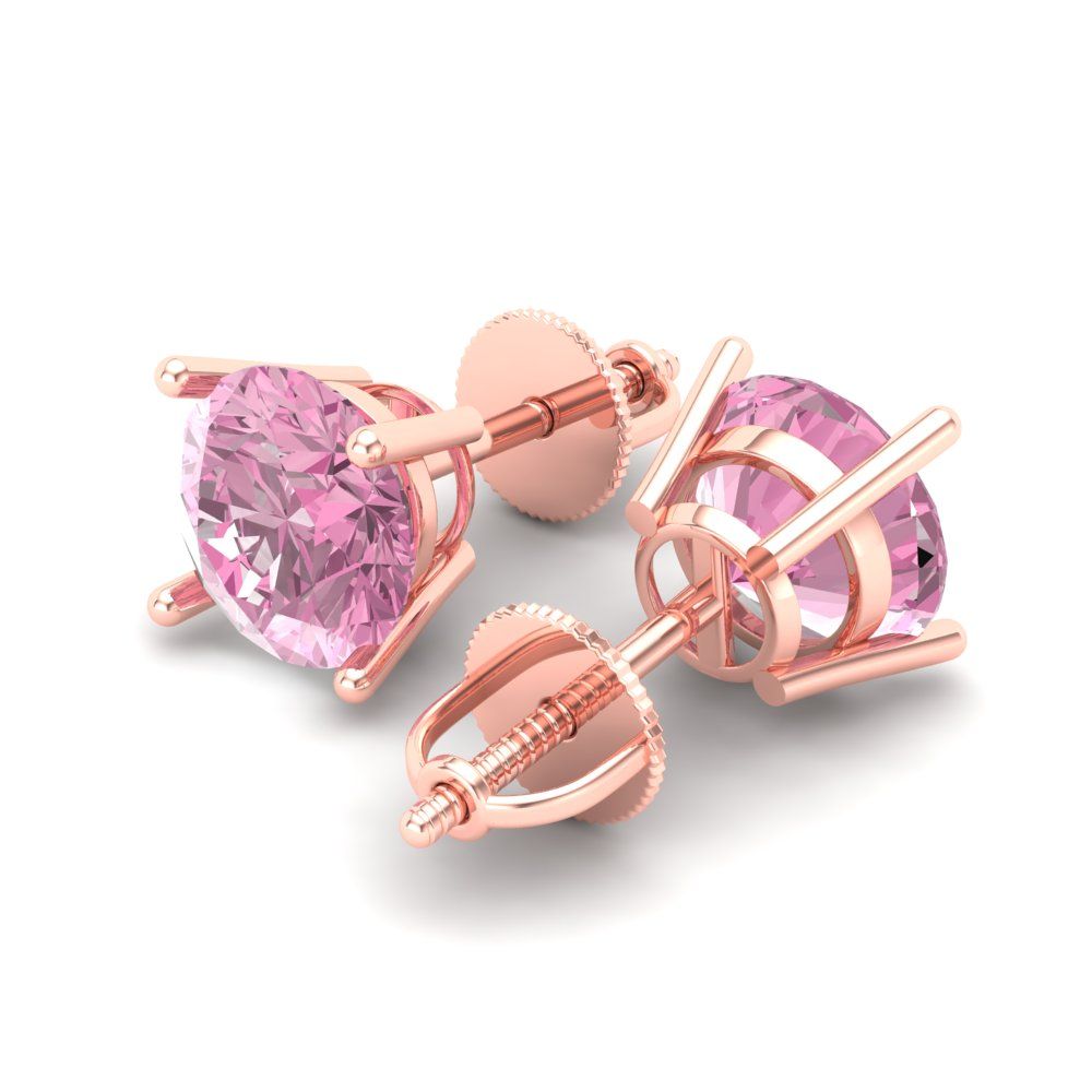 3 ctw Pink Zirconia Studs Earrings | 7.5mm Round Cut White Gold Screw back | April Birthstone