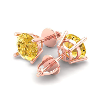 3 ctw Yellow Moissanite Studs Earrings | 7.5mm Round Cut White Gold Screw back | April Birthstone