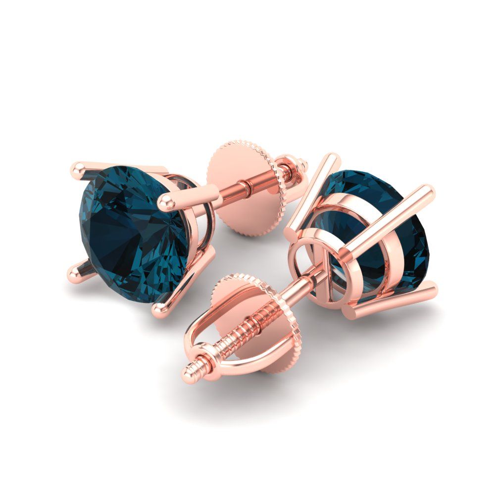 3 ctw London Blue Topaz Studs Earrings | 7.5mm Round Cut White Gold Screw back | December Birthstone
