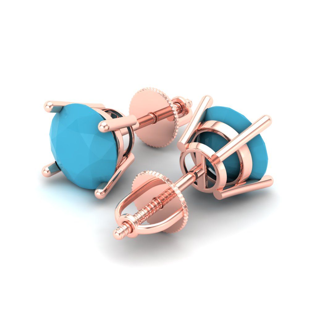 3 ctw Turquoise Studs Earrings | 7.5mm Round Cut White Gold Screw back | December Birthstone