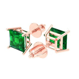2 ct Brilliant Princess Cut Solitaire Studs Simulated Emerald Stone Rose Gold Earrings Screw back