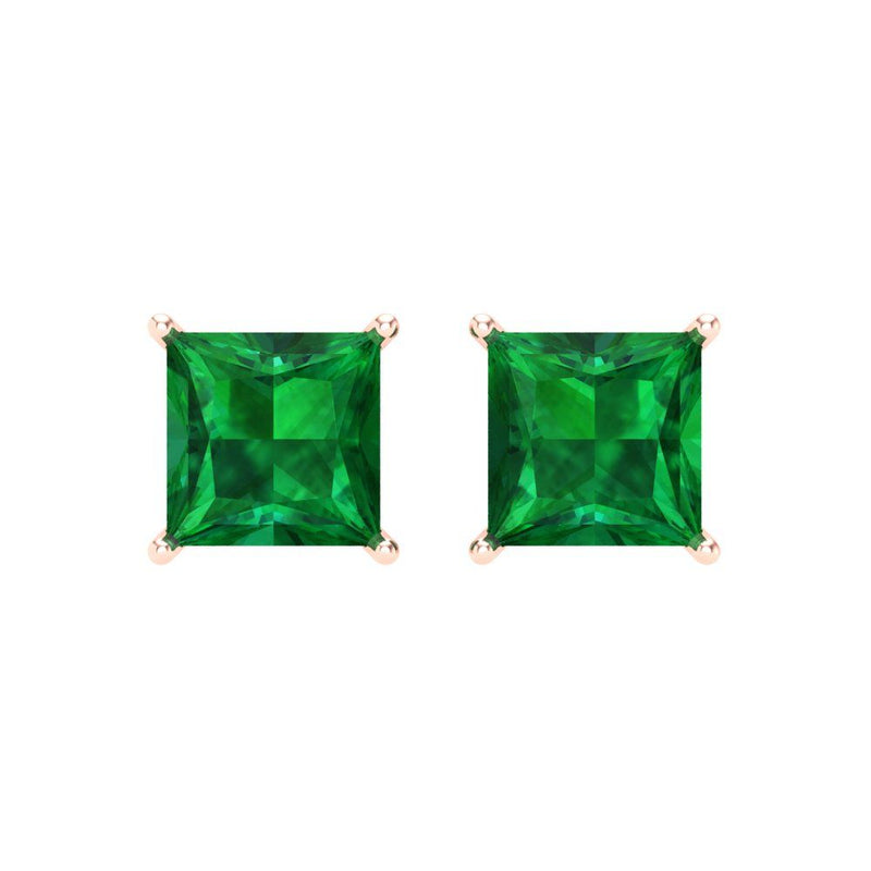 2 ct Brilliant Princess Cut Solitaire Studs Simulated Emerald Stone Rose Gold Earrings Screw back