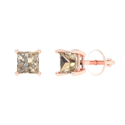 1 ctw Yellow Moissanite Studs Earrings | 4.5mm Princess Cut White Gold Screw back | April Birthstone