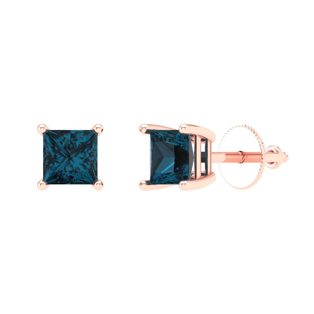 1 ctw London Blue Topaz Studs Earrings | 4.5mm Princess Cut White Gold Screw back | December Birthstone