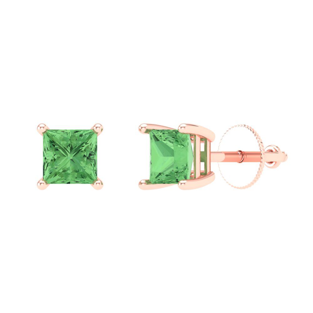 1 ctw Green Zirconia Studs Earrings | 4.5mm Princess Cut White Gold Screw back | April Birthstone