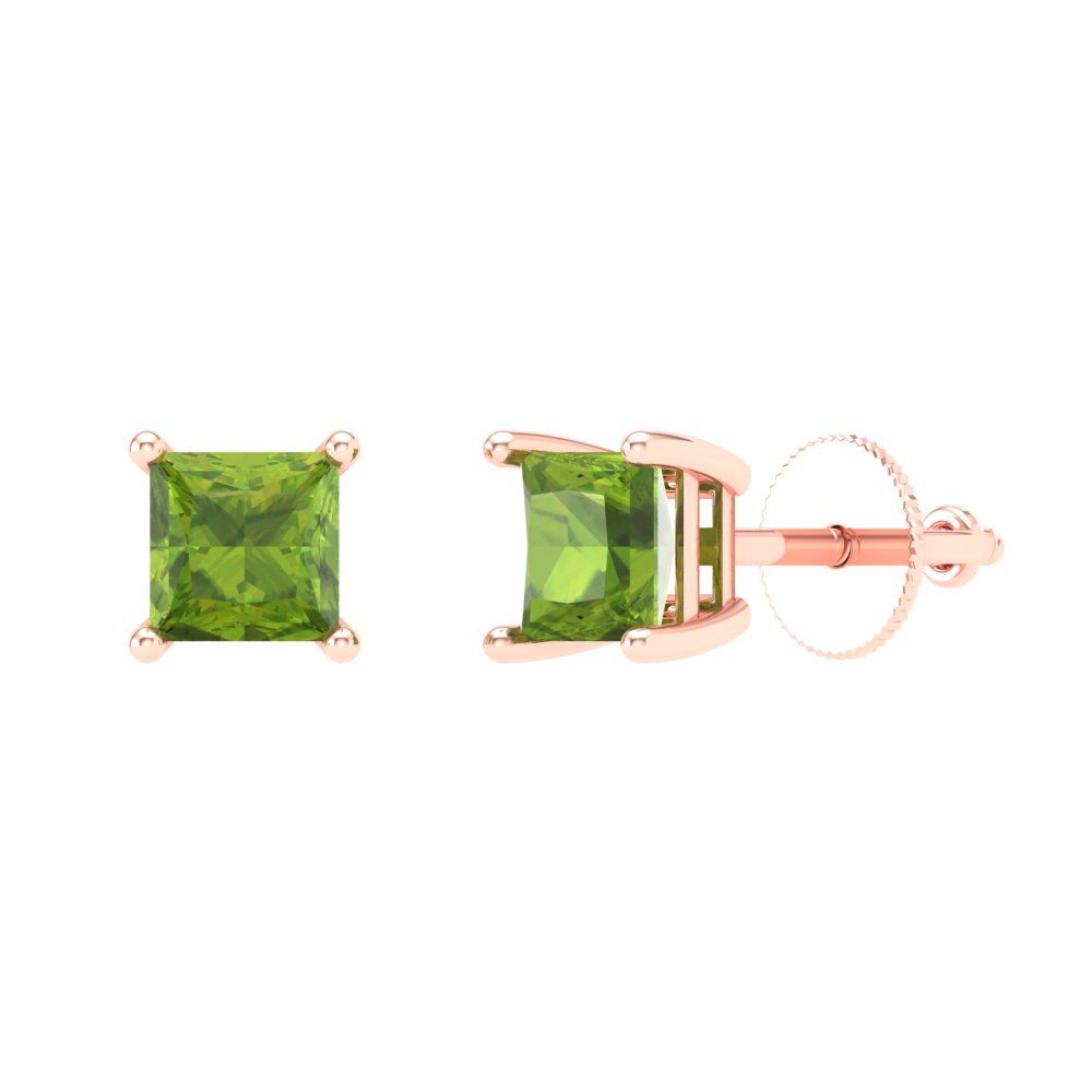 1 ctw Peridot Studs Earrings | 4.5mm Princess Cut White Gold Screw back | August Birthstone