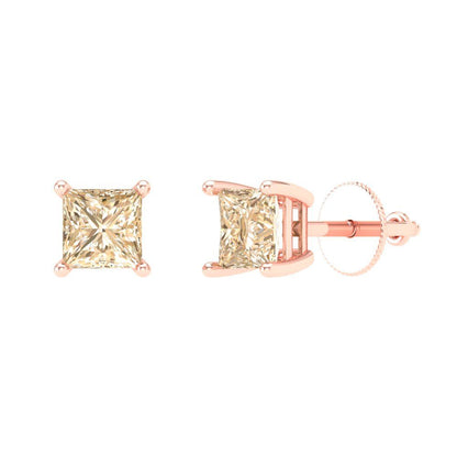 1 ctw Morganite Studs Earrings | 4.5mm Princess Cut White Gold Screw back | February Birthstone