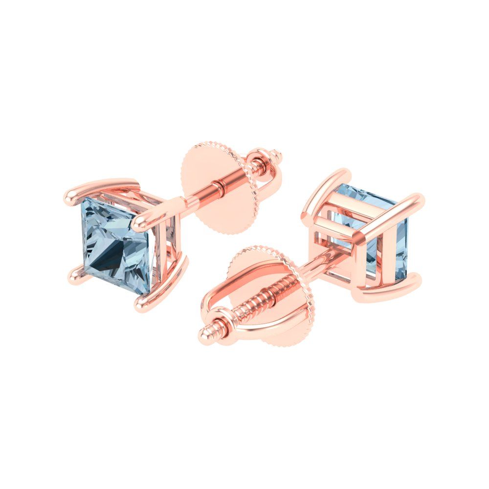 1 ctw Aquamarine Studs Earrings | 4.5mm Princess Cut White Gold Screw back | March Birthstone