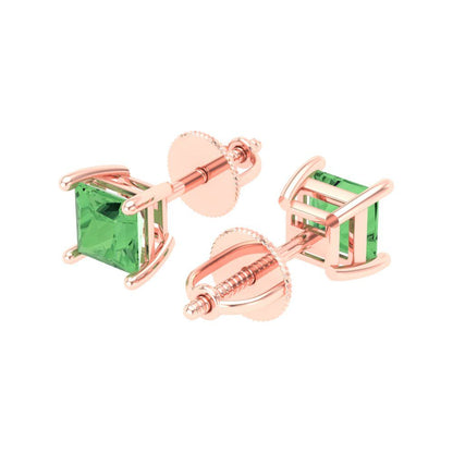 1 ctw Green Zirconia Studs Earrings | 4.5mm Princess Cut White Gold Screw back | April Birthstone