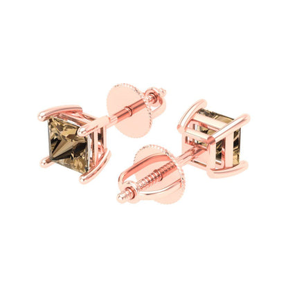 1 ctw Champagne Studs Earrings | 4.5mm Princess Cut White Gold Screw back | April Birthstone