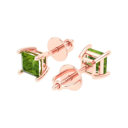 1 ctw Peridot Studs Earrings | 4.5mm Princess Cut White Gold Screw back | August Birthstone