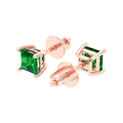 1 ctw Emerald Studs Earrings | 4.5mm Princess Cut White Gold Screw back | May Birthstone