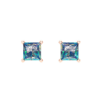 1 ctw Blue Moissanite Studs Earrings | 4.5mm Princess Cut White Gold Screw back | April Birthstone