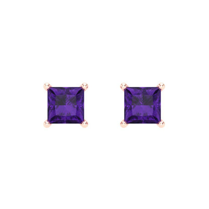 1 ctw Amethyst Studs Earrings | 4.5mm Princess Cut White Gold Screw back | February Birthstone