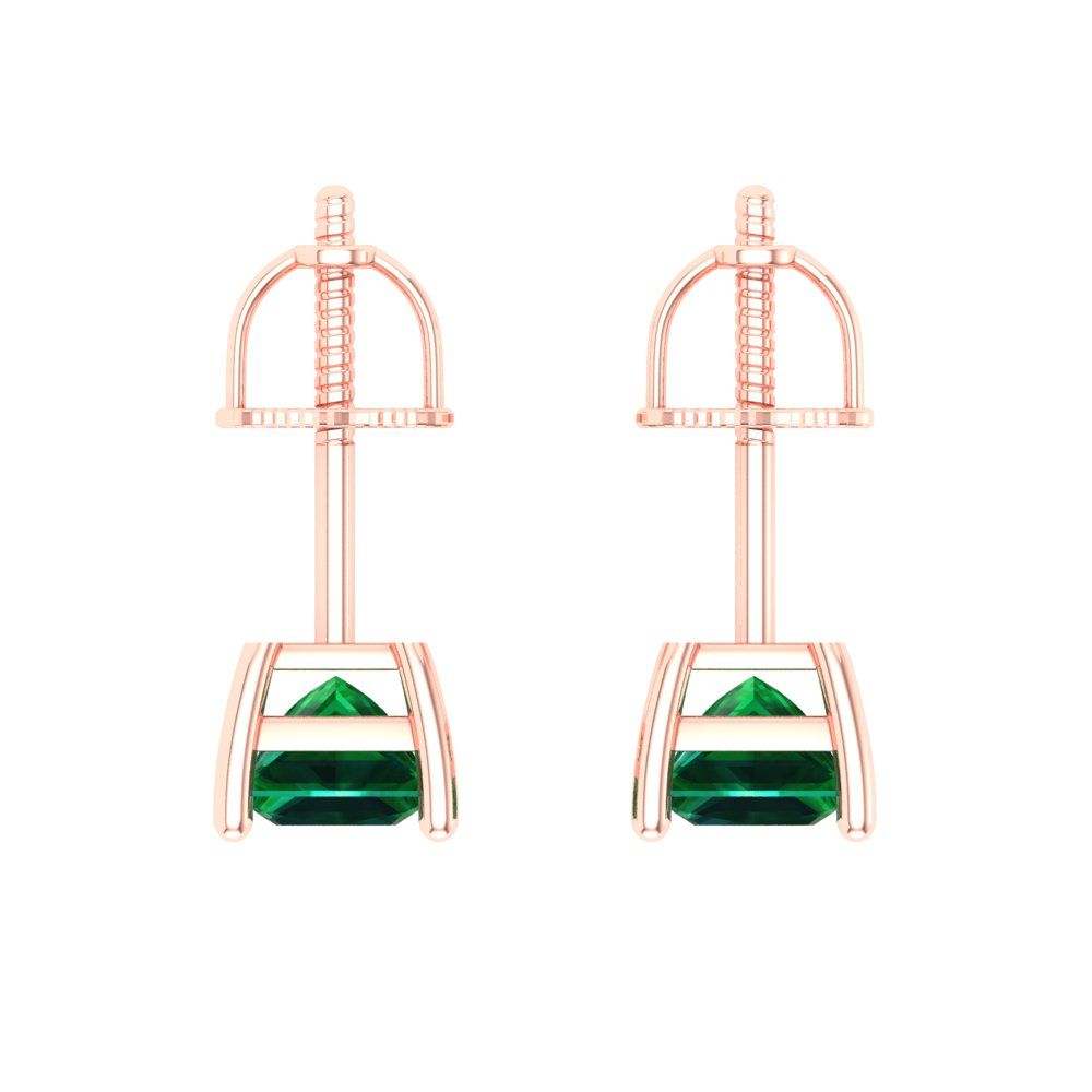 1 ctw Emerald Studs Earrings | 4.5mm Princess Cut White Gold Screw back | May Birthstone