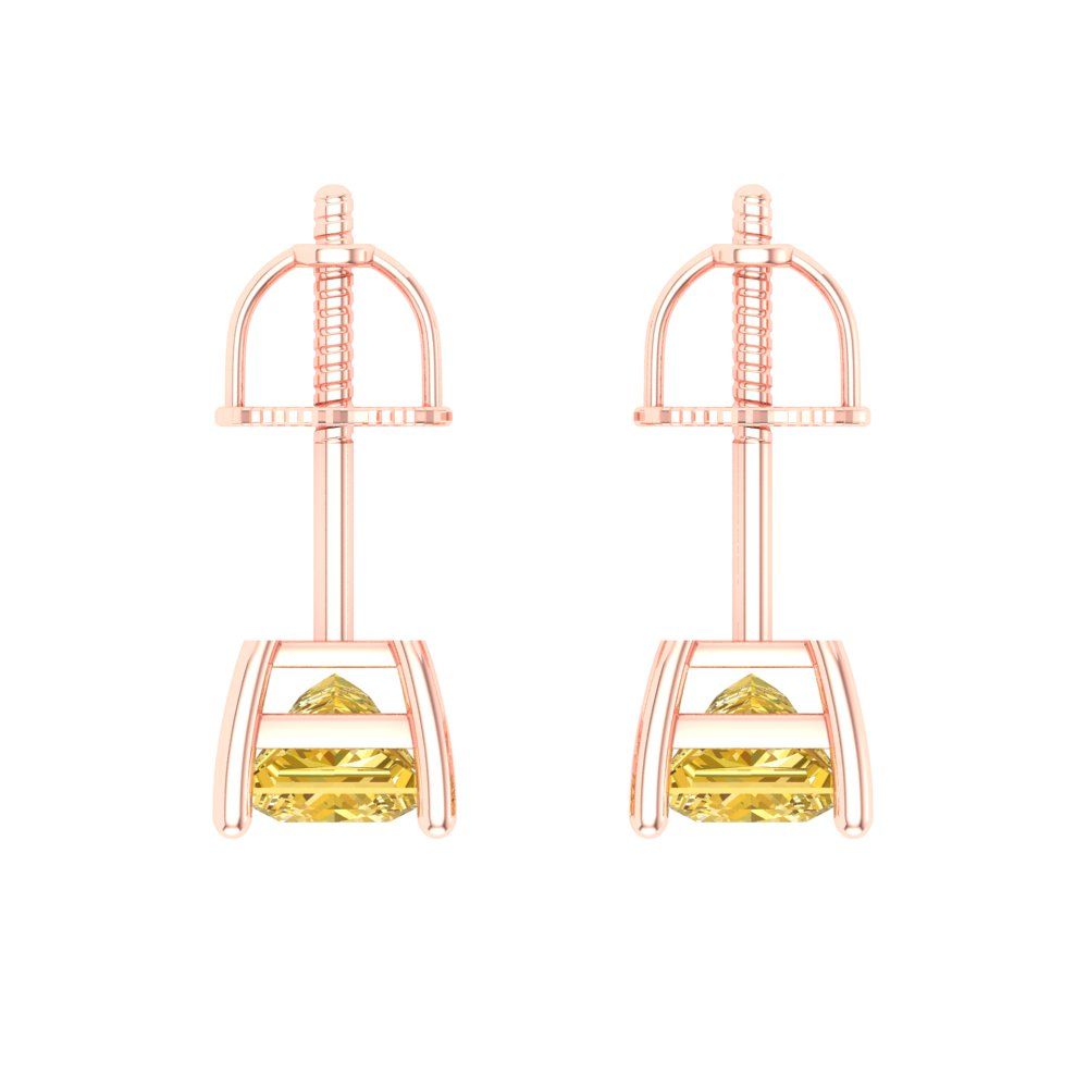 1 ctw Yellow Zirconia Studs Earrings | 4.5mm Princess Cut White Gold Screw back | April Birthstone