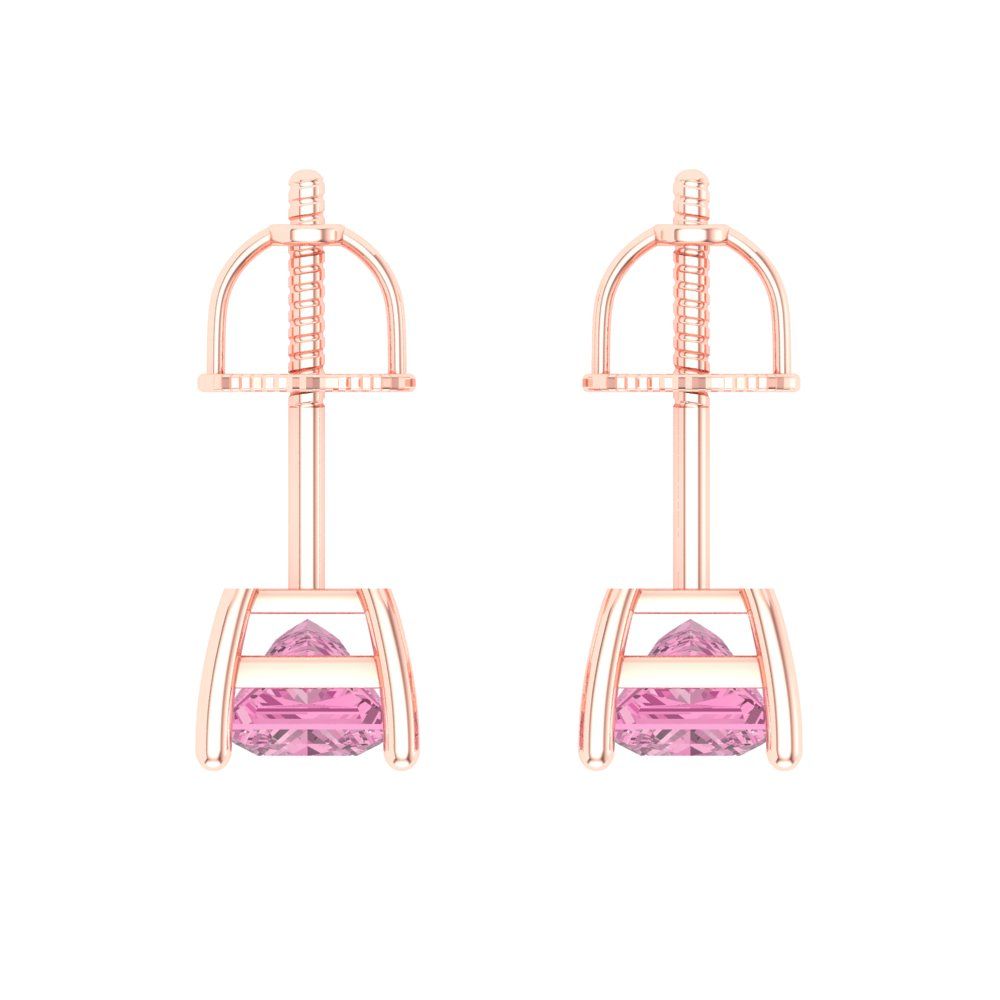 1 ctw Pink Zirconia Studs Earrings | 4.5mm Princess Cut White Gold Screw back | April Birthstone
