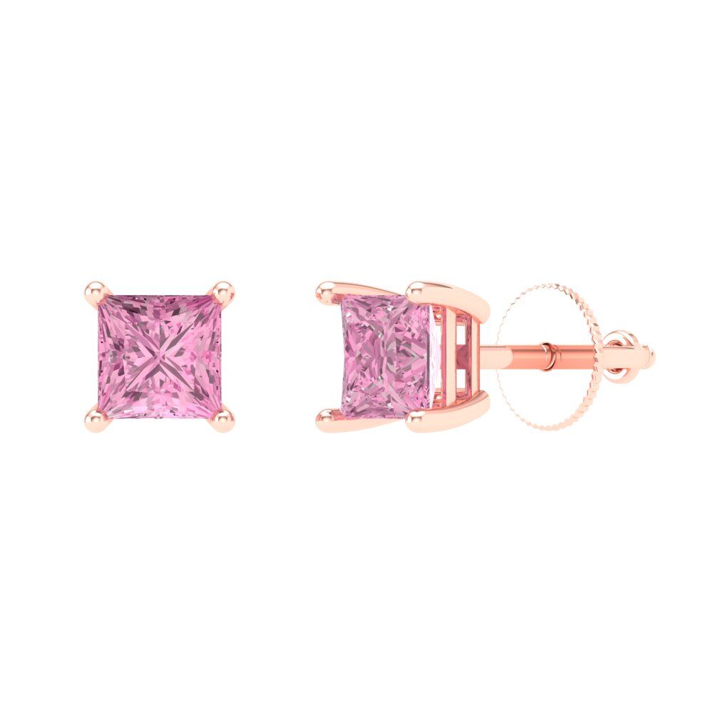 0.5 ctw Pink Zirconia Studs Earrings | 3.5mm Princess Cut White Gold Screw back | April Birthstone