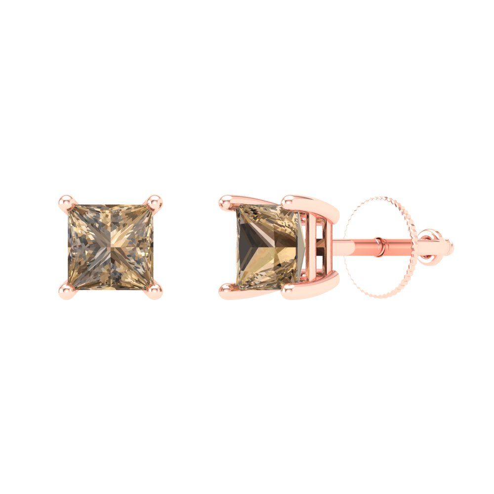 0.5 ctw Champagne Studs Earrings | 3.5mm Princess Cut White Gold Screw back | April Birthstone