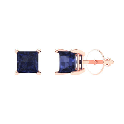 0.5 ctw Blue Sapphire Studs Earrings | 3.5mm Princess Cut White Gold Screw back | September Birthstone